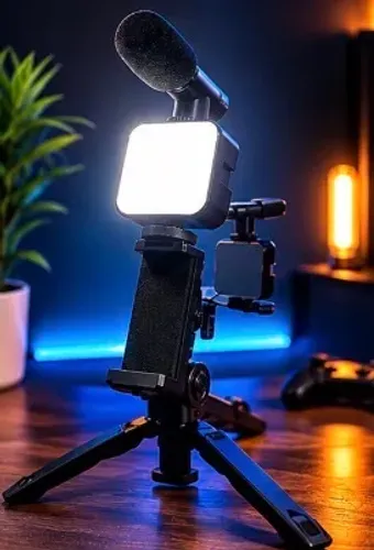 Kit de Gravação para Smartphone com Microfone + Luz LED + Tripé