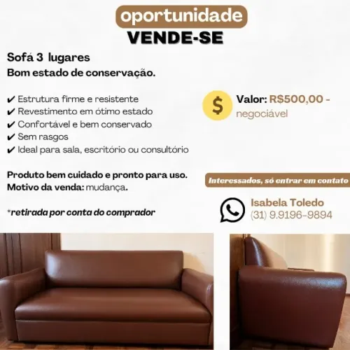 Sofá 3 Lugares Marrom - Excelente Estado de Conservação