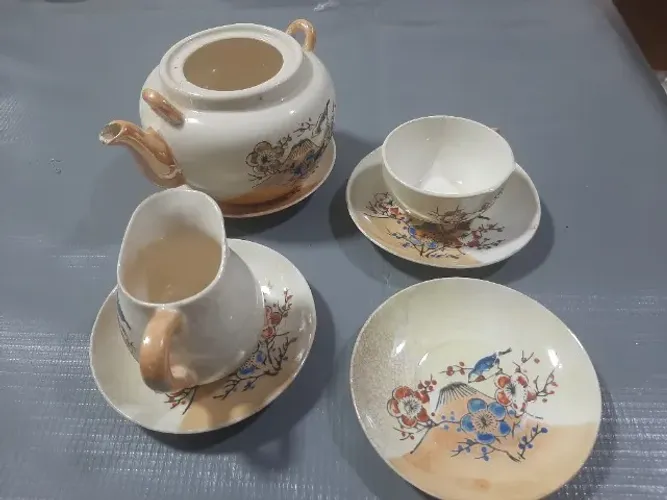 Antigo Jogo Chá Porcelana Japonesa Casca De Ovo Pintado Mão-Décadas de 1930/1940