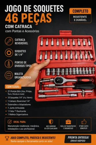 ? Jogo de Soquetes 46 Peças com Catraca Reversível - Completo e Resistente