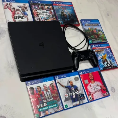 PS4 Slim + 8 Jogos Originais +Controle +Cabos.