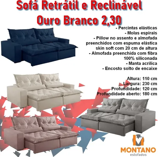 Sofá retrátil e reclinável de 230 cm 