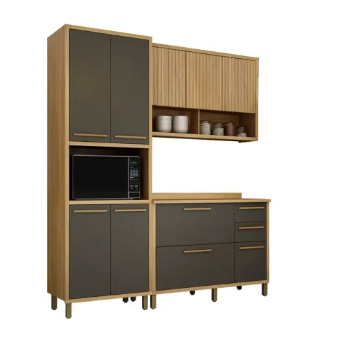 Armário Cozinha Ripado 3 Peças Paneleiro + Balcão + Aéreo Cinamomo/Grafite rf655