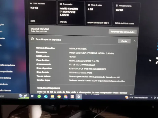 PC Gamer Intel i7 GTX 1050 Ti - 16GB RAM