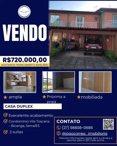 Excelente Casa Duplex à Venda no Condomínio Vila Toscana Bicanga, Serra/ES