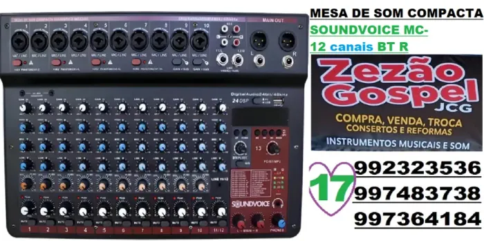 MESA DE SOM COMPACTA SOUNDVOICE MC-12CANAIS BT USB ZERA EFX 890,RS ,RS TROCA