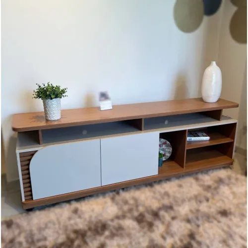 Rack Bancada Jurerê Larg. 1.80m Freijó/Off White para TV até 75 Polegadas 