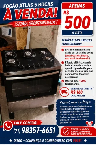 FOGÃO ATLAS 5 BOCAS - FORNO 100% FUNCIONANDO - APENAS R$ 500!