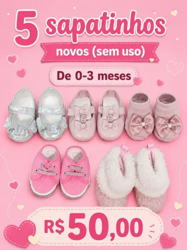 Lote contendo 5 sapatinhos de menina 0-3 meses novos, sem uso