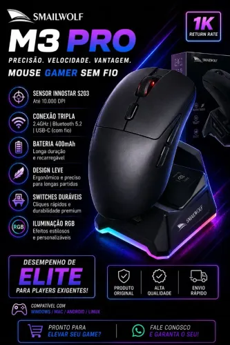 MOUSE GAMER SMAILWOLF M3 PRO ? PRECISÃO, VELOCIDADE E LIBERDADE!