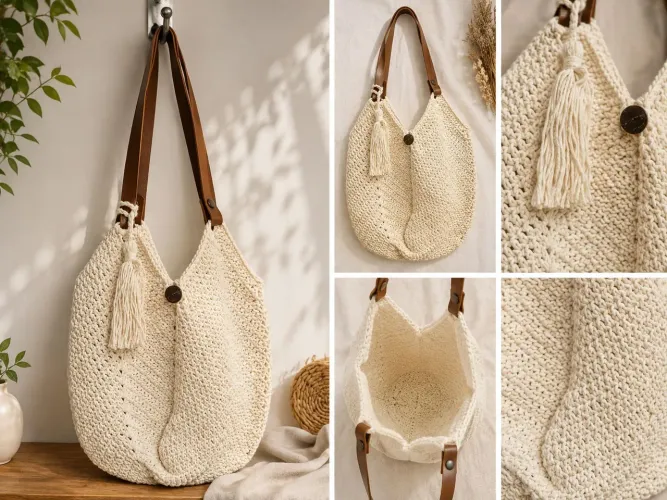 Bolsa de crochê em barbante ,com alças removíveis em couro sintético.