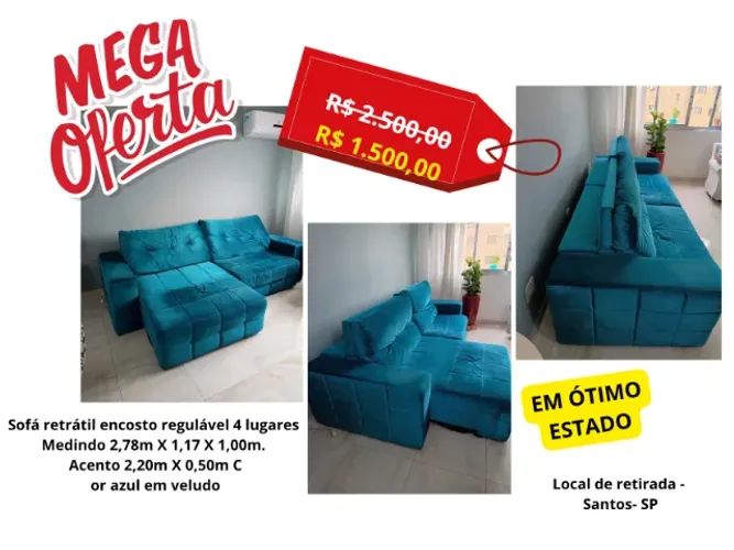 Sofá retrátil encosto regulável 4 lugares