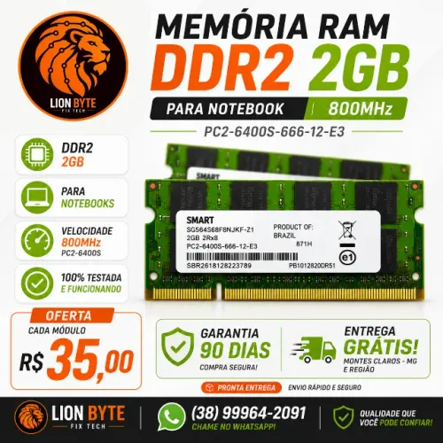MEMÓRIA RAM DDR2 2GB PARA NOTEBOOK - APENAS R$ 35,00
