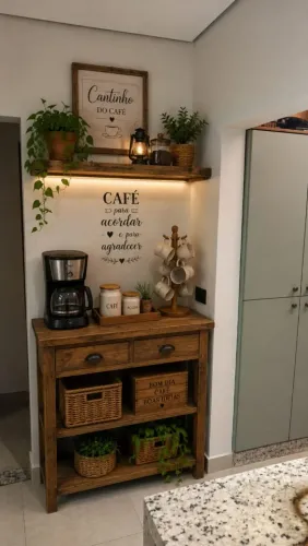 CANTINHO DO CAFÉ - APARADOR + PRATELEIRA EM MADEIRA MACIÇA - Fazemos móveis sob encomenda