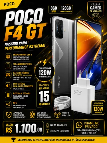 POCO F4 GT 8GB / 128GB - Carregador Hyper Charge 120Watts