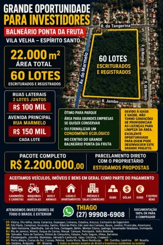 60 lotes 360m2 cada, ótimo para empreendimentos e empresas, Vila Velha, E.S, parcelo troco