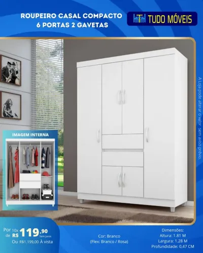 Roupeiro Casal Compacto 6 Portas 2 Gavetas .Entrega e Montagem No Mesmo Dia