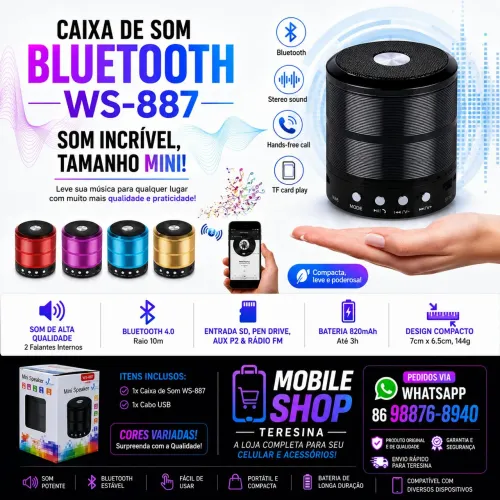Caixa de Som Bluetooth WS-887 Mini Portátil com Micro SD, FM e Mãos Livres - Nova