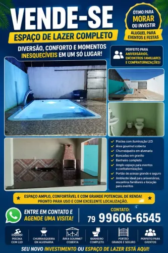 Espaço com piscina e churrasqueira