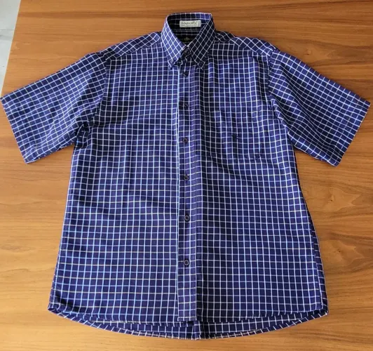 Camisa Brooksfield - algodão italiano, xadrez azul, tecido leve, camisa masculina