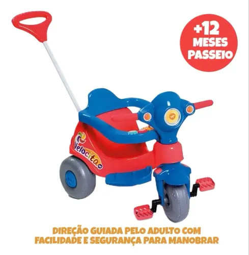 Triciclo Infantil Calesita Velocita com Empurrador e Som - Vermelho e Azul