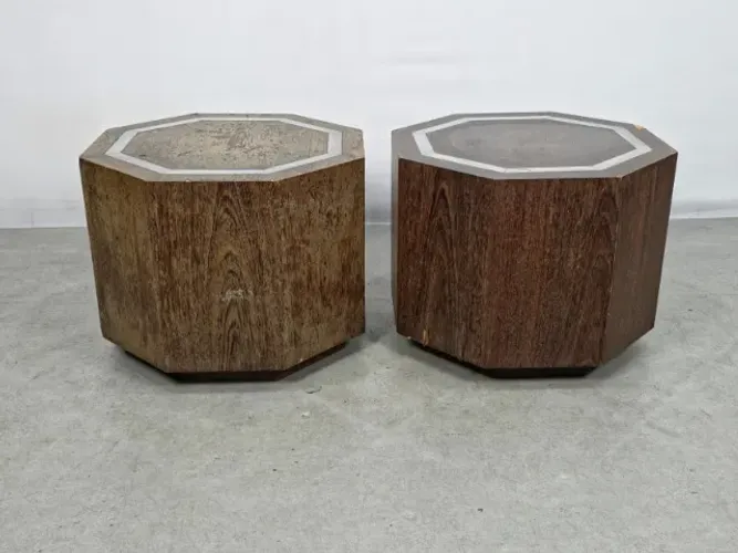 Par de Mesas Auxiliares em Octagonal vintage, compensado naval e folheado em Sucupira