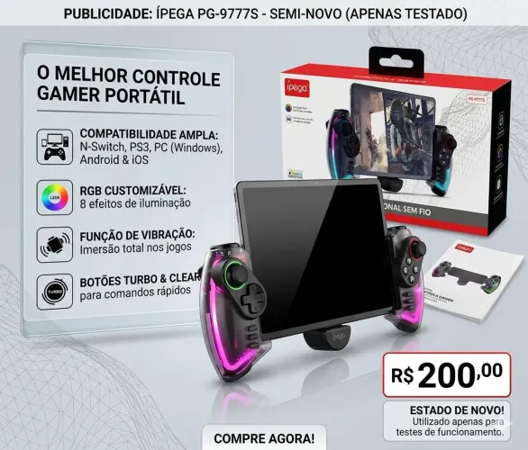controle gamer sem fio Ípega PG-9777S compatível com diversos dispositivos.