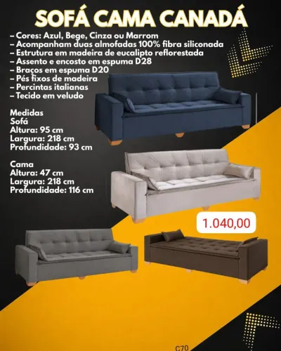 Sofá cama Canada 2.18m Veludo / 4 cores disponíveis / pague na entrega