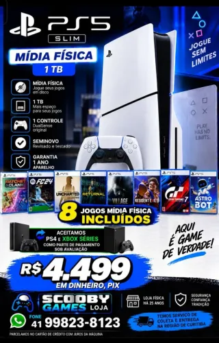 PS5 SLIM MÍDIA FÍSICA 1 TB SEMINOVO,1 CONTROLE,8 JOGOS MÍDIA FÍSICA, GARANTIA 1 ANO