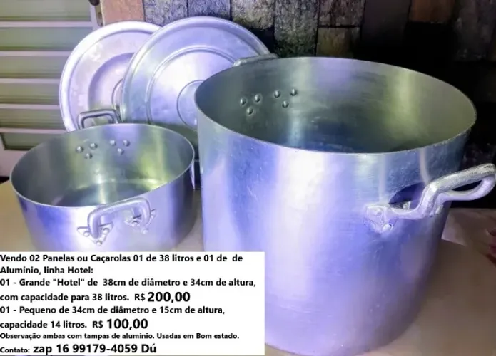 Vendo 02 Panelas ou Caçarolas 01 de 38 litros e 01 de de Alumínio, linha Hotel