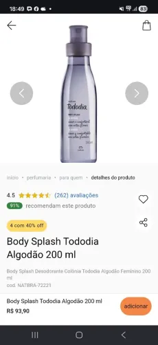 Body Splash Tododia Natura - Algodão 200 ml<br>R$ 70,00