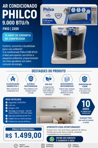 AR-CONDICIONADO PHILCO ECO INVERTER 9.000 BTU - NOVO E LACRADO!