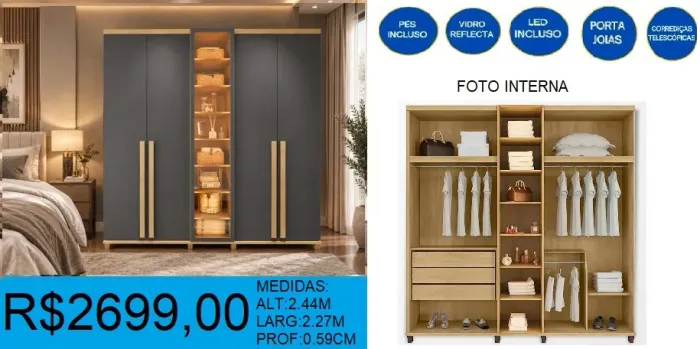 Roupeiro com led e vidro reflecta - à pronta entrega e frete grátis