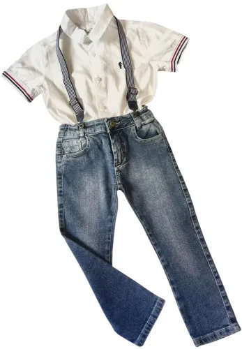 Conjunto - Calça Jeans Infantil marca Crawling e Camisa Branca marca Onda Marinha, Tam.3.