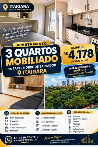 ALUGO APARTAMENTO 3 QUARTOS MOBILIADO 10 ANDAR NO ITAIGARA