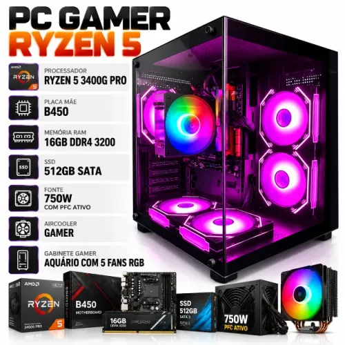 PC Gamer Ryzen 5 3400G Pro, 16GB RAM 3200MHZ, SSD 512GB e Gabinete Aquário 