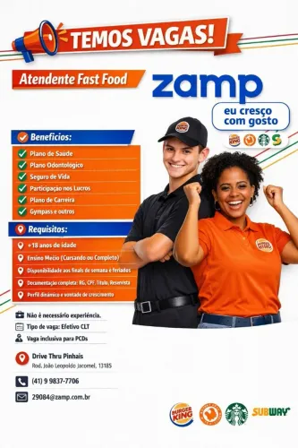 VAGA ATENDENTE MADRUGADA - BURGER KING PINHAIS
