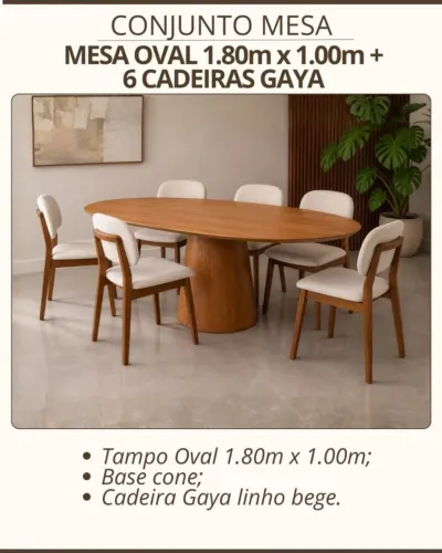 Mesa de Jantar oval orgânica de 6 Cadeiras 1.80m