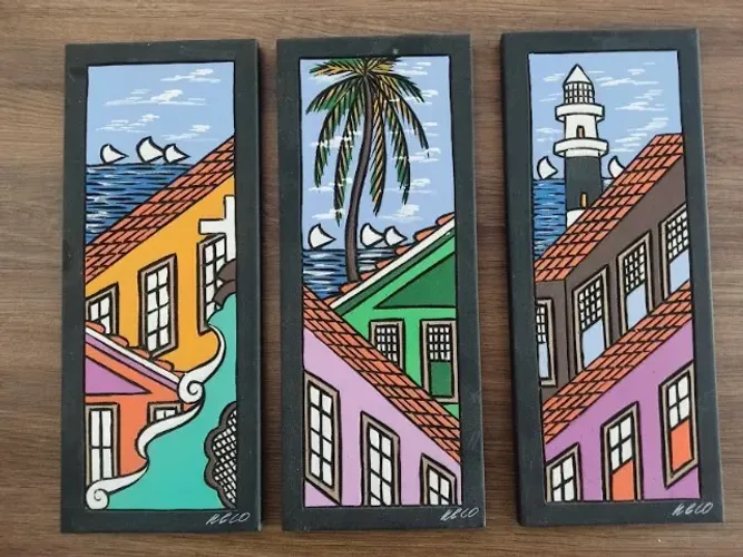 Trio De Pequenos Quadros Paisagem Litoral Brasil 25x10 Cm