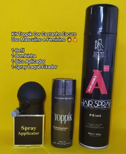  Toppik Cor Castanho Escuro Profissional Refil Bombinha Bico Aplicador e Spray Laquê 