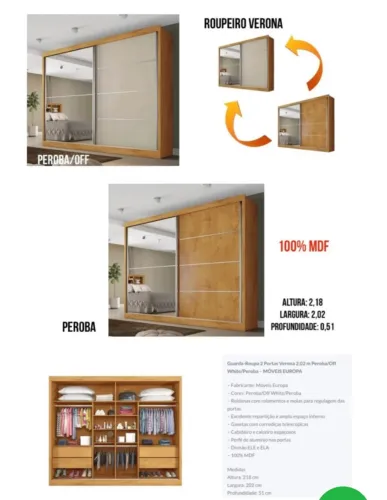Guarda-Roupa Verona 2 Portas Peroba/Off White - Móveis Europa