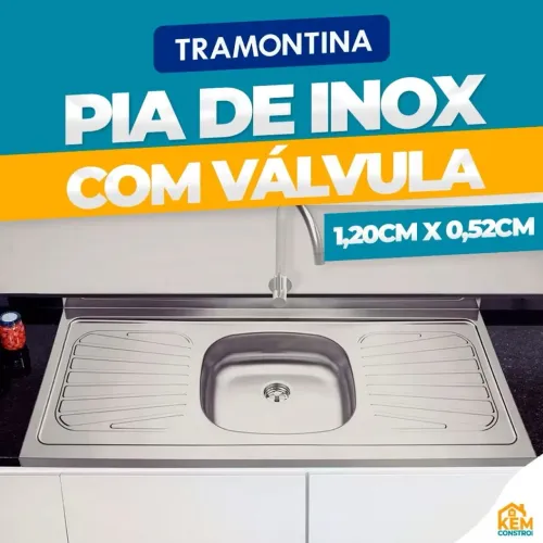 Pia de cozinha inox Tramontina 1,20m X 0,52 com válvula new Raggi 40 e Cuba central