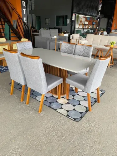 Mesa de Jantar Moderna com Tampo de Vidro ( cadeiras em madeira maciça ) 180x90