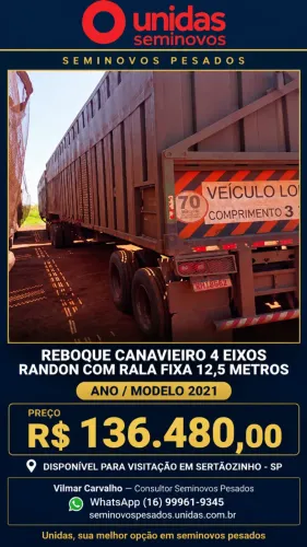 REBOQUE CANAVIEIRO 4 EIXOS RANDON COM RALA FIXA 12,5 METROS ? ANO/MODELO 2021