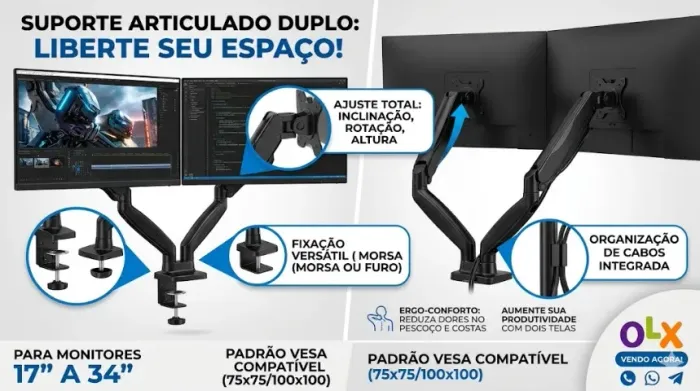 Lacrado. Suporte Monitor Ergonômico Articulado de Mesa, 2 Monitores 17" a 34". Novo