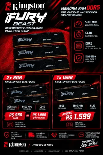 Memória RAM Kingston Fury Beast, RGB, 8GB, 5600MHz, DDR5