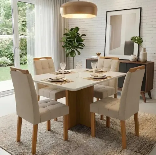 Mesa de Jantar Novera 120 com 4 Cadeiras Veludo Bege