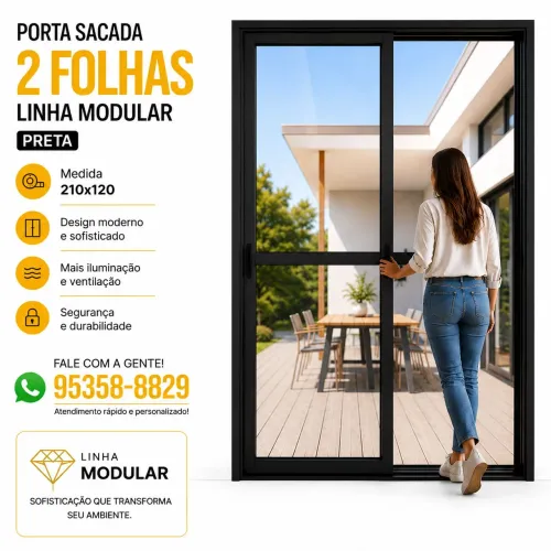 Porta Sacada 2 Folhas Alumínio preto Linha Modular