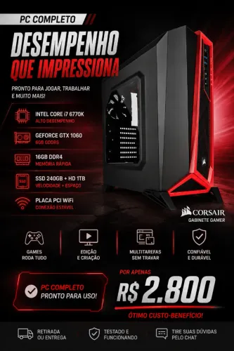 Troco em GPU - Computador I7 6770k GTX 1060 6GB 16 GB DDR4 WIFI com monitor 22