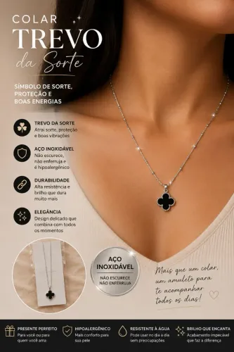 Colar Trevo da Sorte Aço Inoxidável Preto - Hipoalergênico Resistente à Água